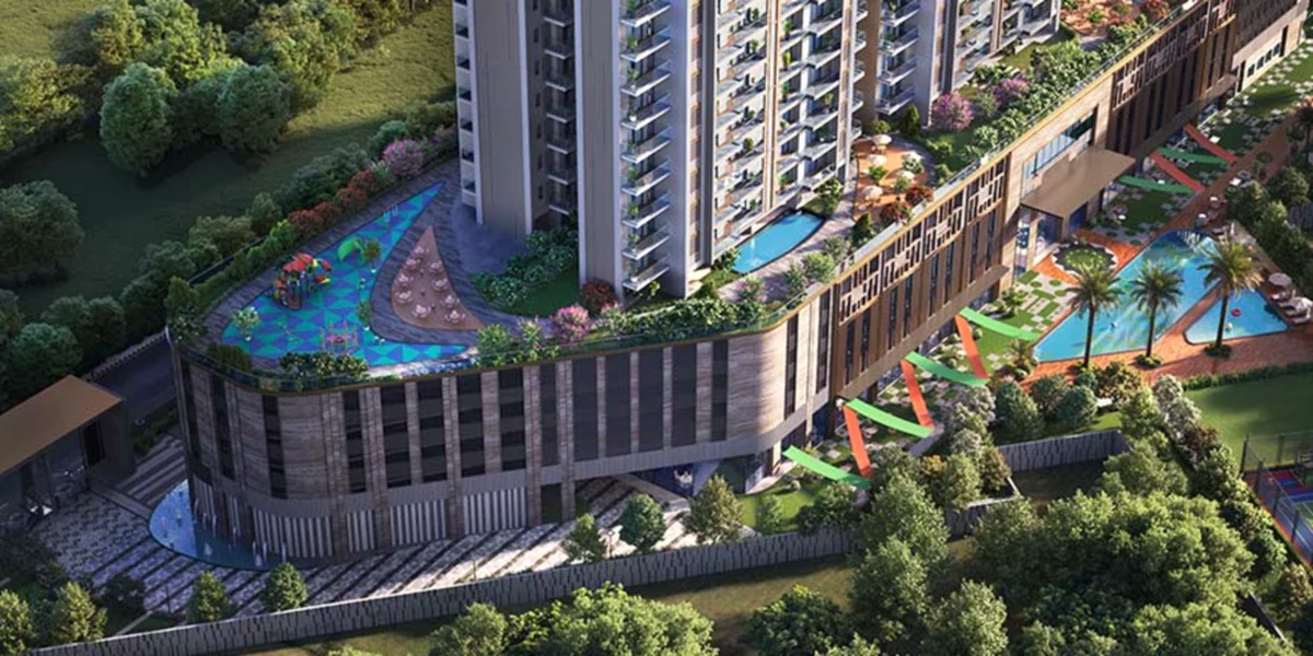 Aerial view of the landscaped podium, pool and courts