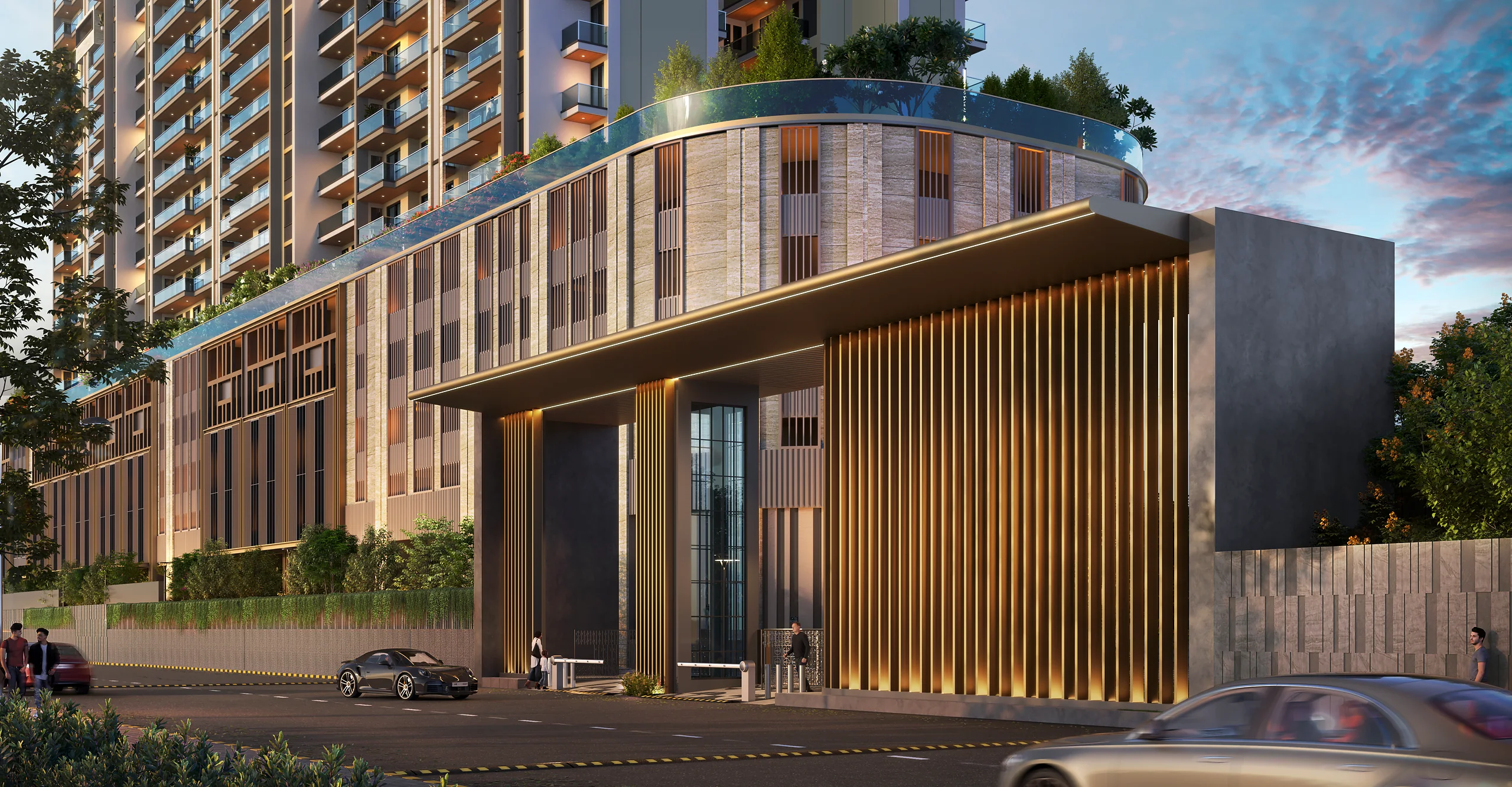 The grand arrival canopy beneath the Levante towers (artistic impression)