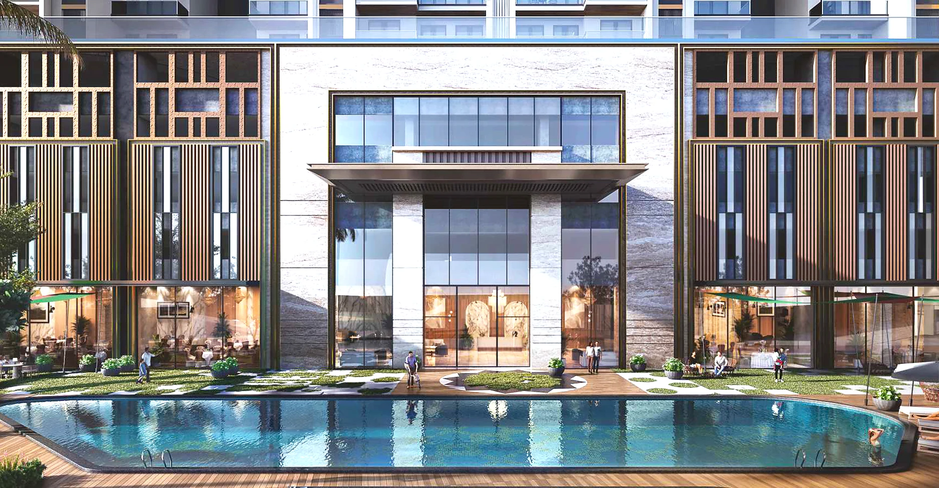 The clubhouse facade beside the swimming pool (artistic impression)