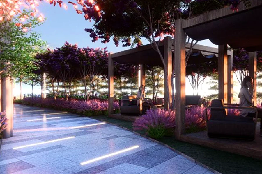 A podium walkway under flowering trees