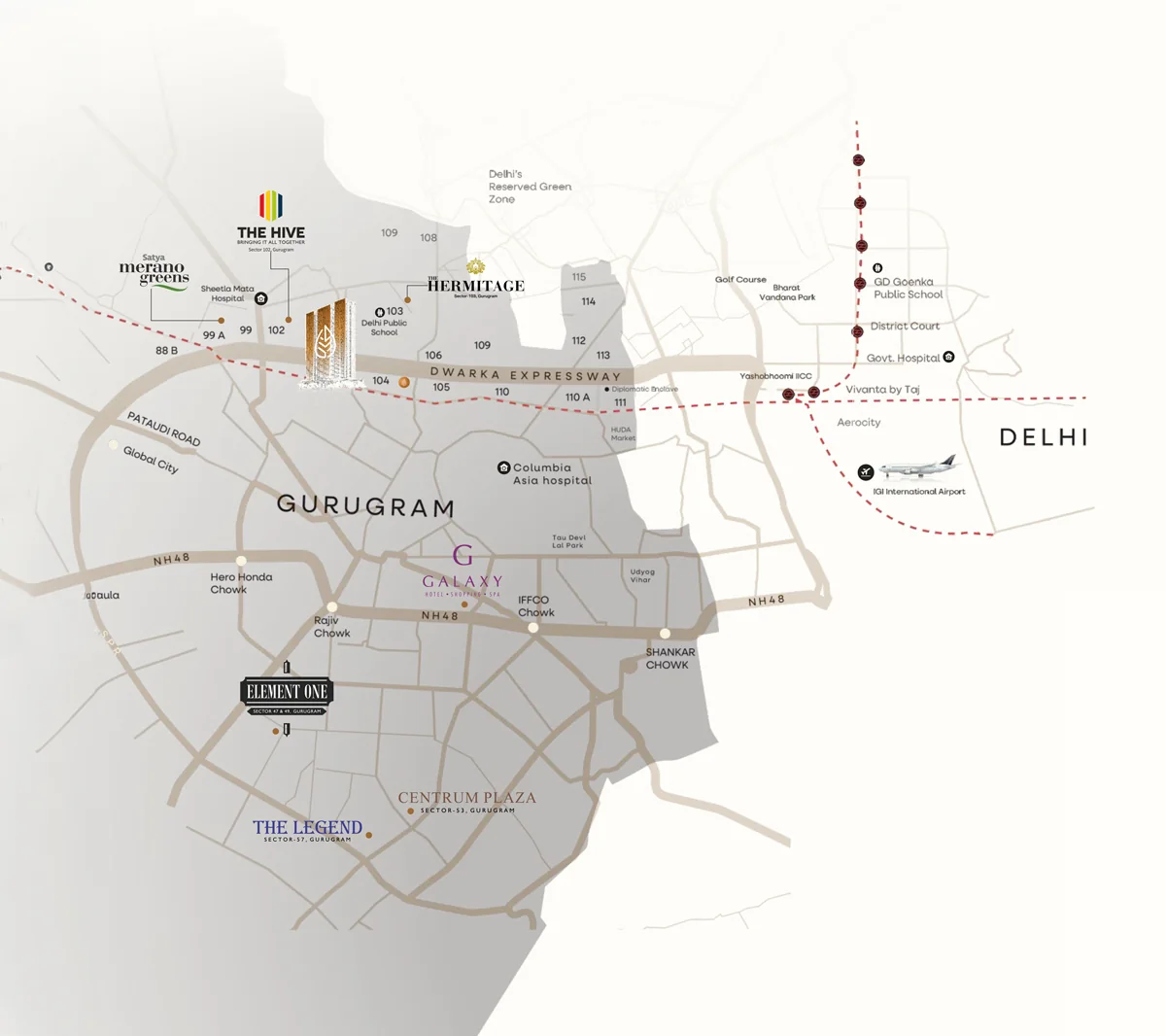 Location map of Levante Residences, Sector 104, between Gurugram and Delhi along Dwarka Expressway